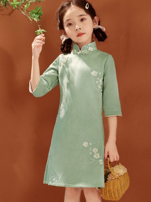 Green Floral Embroidery Kids Girls Qipao Cheongsam Dress