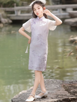 Purple Jacquard Kids Girls Qipao Cheongsam Dress