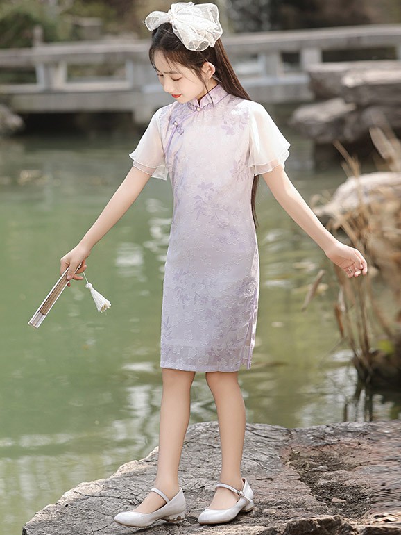 Purple Jacquard Kids Girls Qipao Cheongsam Dress