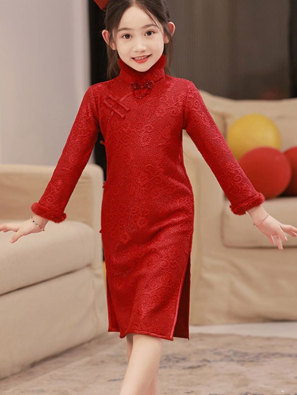 Red Lace Fleece Lined Kids Girls New Year Cheongsam Dress