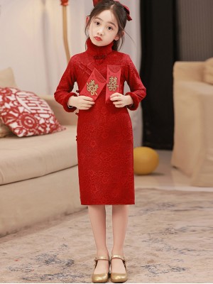 Red Shimmer Lace Fleece Kids Girls New Year Cheongsam Dress