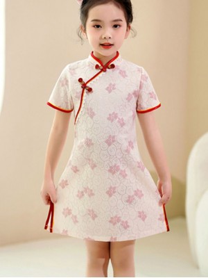 Pink Floral Lace Kids Girls Qipao Cheongsam Dress
