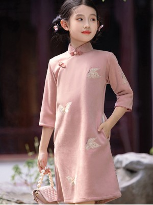 Pink Embroidered Suede Kids Girls Qipao Cheongsam Dress