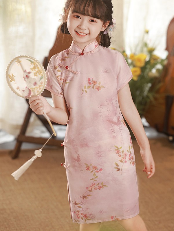 Pink Floral Print Kids Girls Qipao Cheongsam Dress