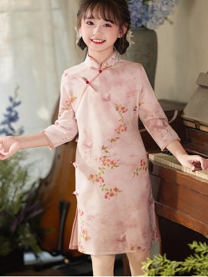 Pink Floral Suede Kids Girls Winter Qipao Cheongsam Dress