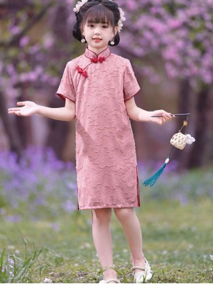 Pink Jacquard Chiffon Kids Girls Qipao Cheongsam Dress