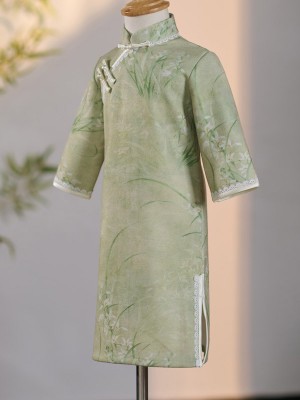 Green Floral Print Kids Girls Qipao Cheongsam Dress