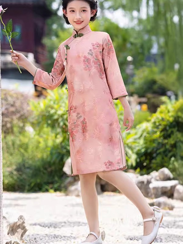 Pink Floral Kids Girls Qipao Cheongsam Dress