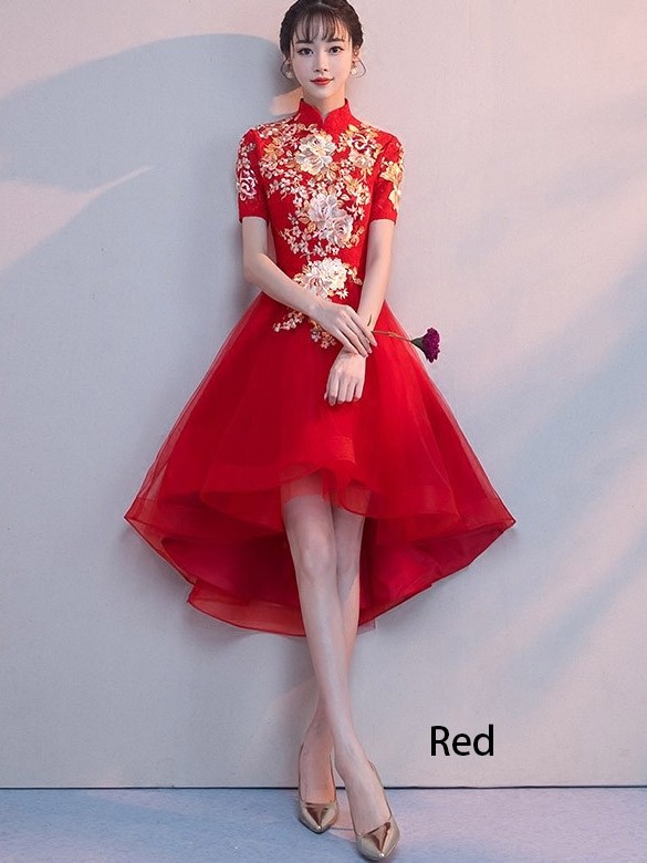 Red Appliques High Low Qipao Cheongsam Dress
