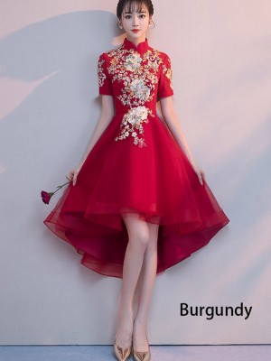 Red Appliques High Low Qipao Cheongsam Dress