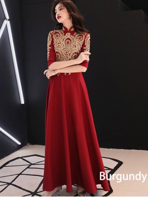 Red A-Line Full Maxi Wedding Qipao Cheongsam Dress