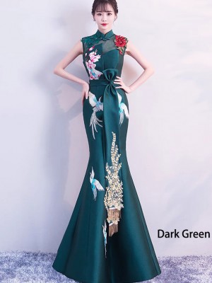 Green Embroidered Fishtail Qipao / Cheongsam Evening Dress with Cutout Back