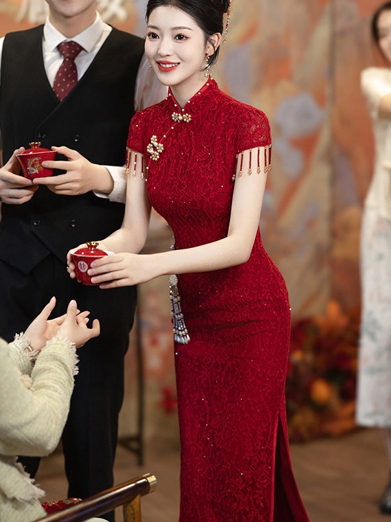 Red Sequined Lace Midi Bridal Cheongsam Qipao Dress