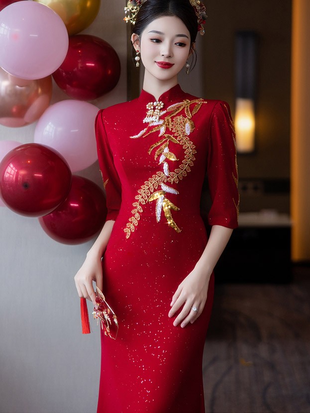 Beads Appliques Fishtail Bride Wedding Cheongsam Dress