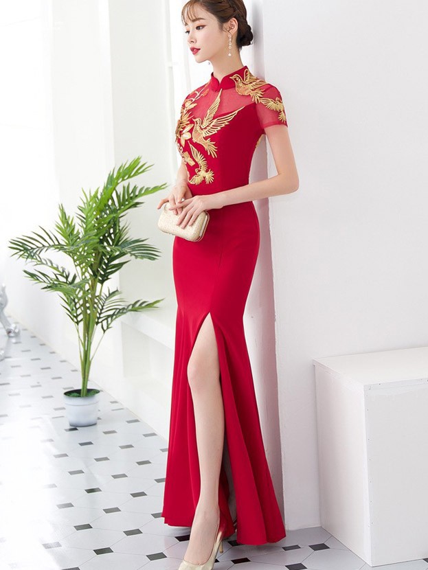 Red Split Front Fishtail Qipao Cheongsam Prom Dress