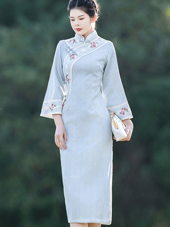 Blue Floral Embroidery Midi Cheongsam Qipao Dress