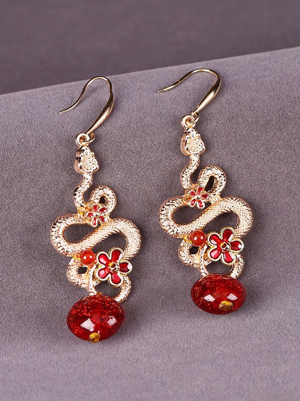 Gold Plated Zodiac Tiger Snake Dangle Earrings