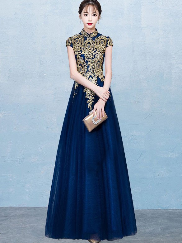 Gold Tulle Floor Length Qipao Cheongsam Evening Dress