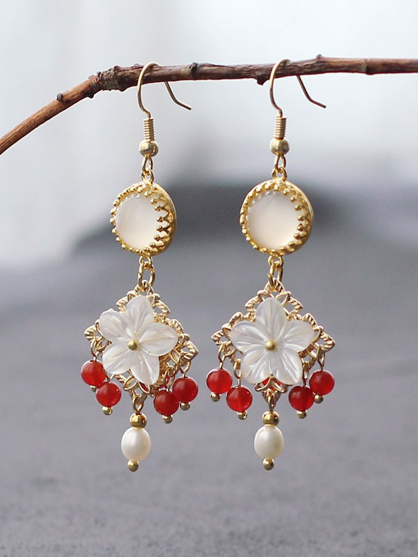Agate Pearls Flower Dangle Drop Earrings