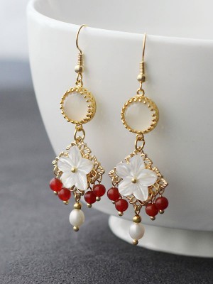 Agate Pearls Flower Dangle Drop Earrings