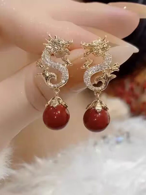 Rhinestone Zodiac Dragon Agate Dangle Drop Earrings