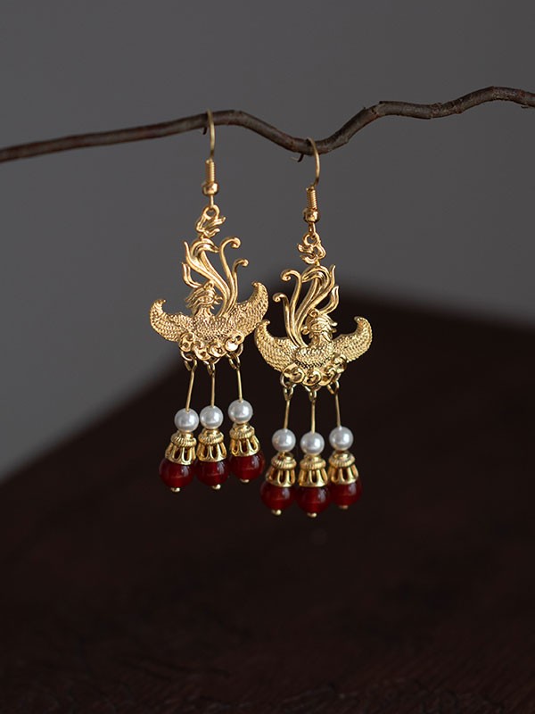Vintage Alloy Phoenix Agate Dangle Drop Earrings