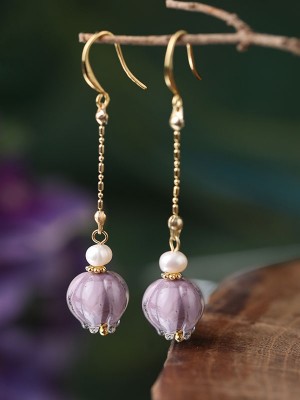 Purple Glaze Bud Dangle Drop Earrings