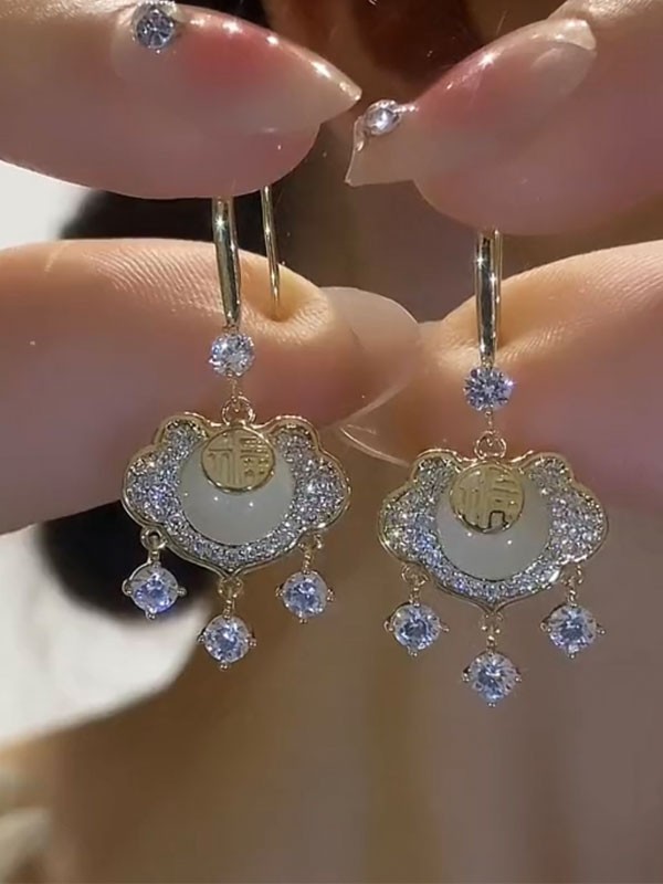 Rhinestone Jade Longeval Lock Dangle Drop Earrings