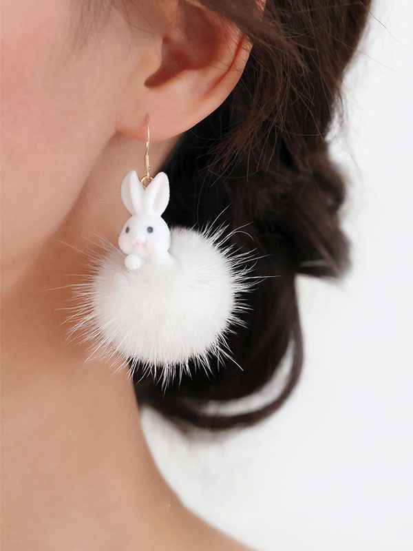 Chinese Zodiac Fluffy Rabbit Clip On Pierced Drop Dangle Earrings