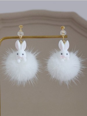 Chinese Zodiac Fluffy Rabbit Clip On Pierced Drop Dangle Earrings