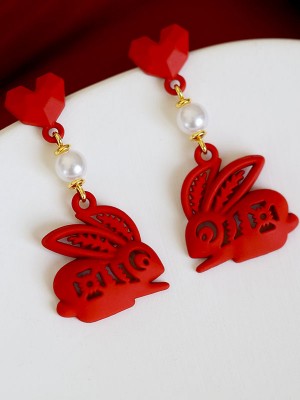 Chinese Zodiac Heart Rabbit Clip On Pierced Drop Dangle Earrings