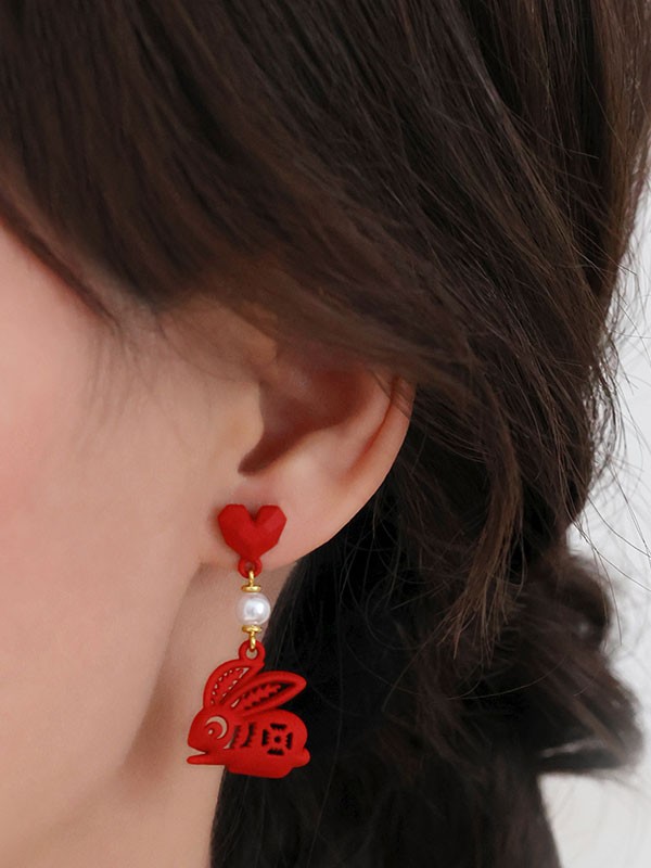 Chinese Zodiac Heart Rabbit Clip On Pierced Drop Dangle Earrings