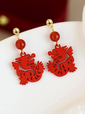 Chinese Zodiac Red Dragon Clip On Pierced Dangle Earrings