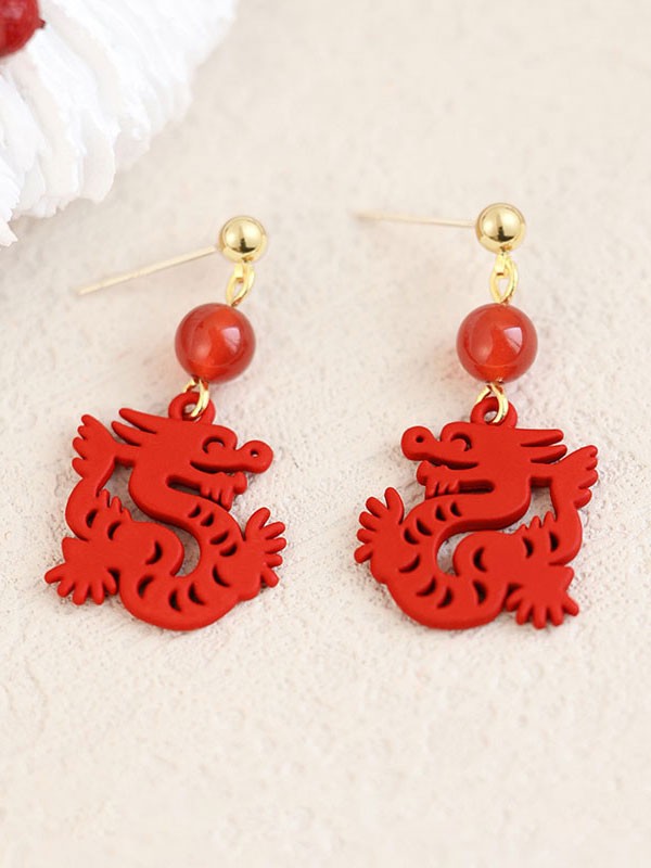 Chinese Zodiac Red Dragon Rabbit Clip On Pierced Dangle Earrings