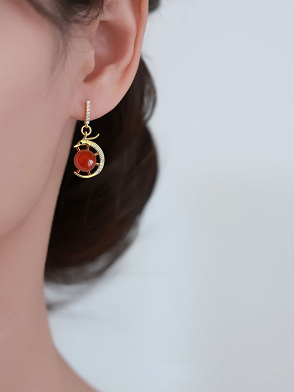 Chinese Zodiac Zirconia Dragon Agate Dangle Drop Earrings