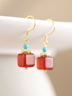 Cubic Agate Dangle Drop Clip On Pierced Earrings