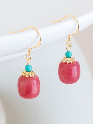 Red Jade Dangle Drop Clip On Pierced Earrings