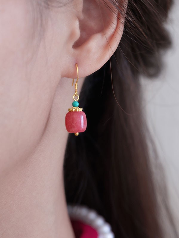 Red Jade Dangle Drop Clip On Pierced Earrings