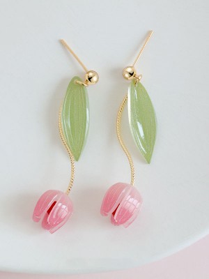 Tulip Flower Dangle Drop Clip On Pierced Earrings
