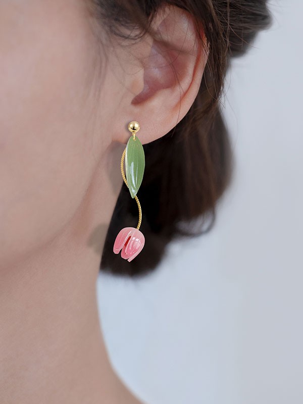 Tulip Flower Dangle Drop Clip On Pierced Earrings