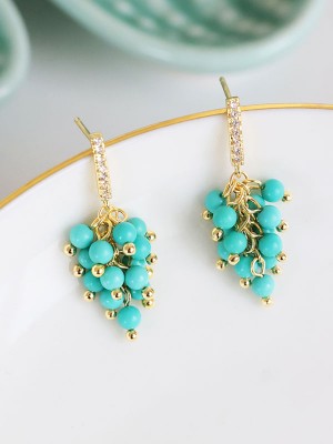 Blue Turquoise Grapes Dangle Drop Clip On Pierced Earrings