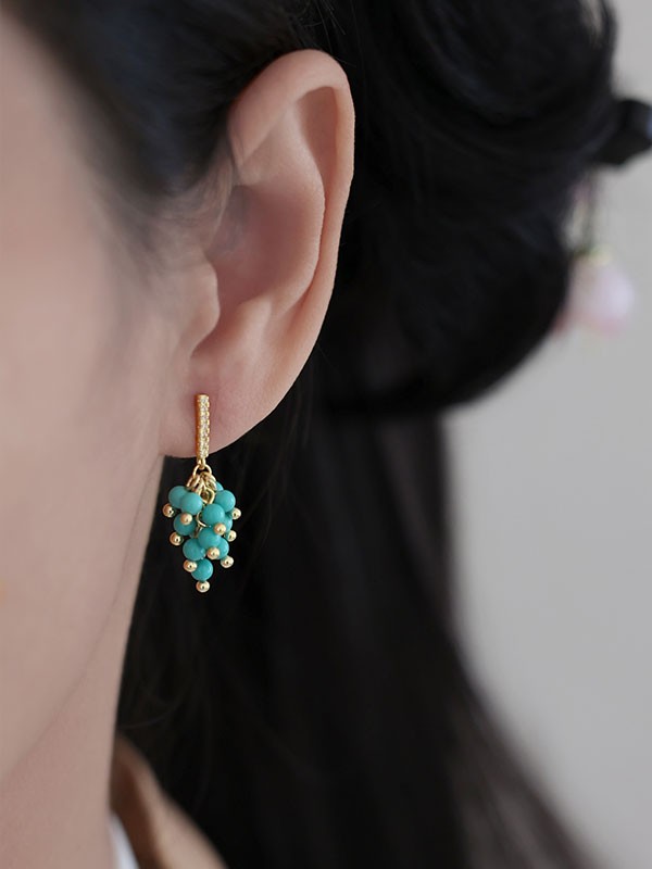 Blue Turquoise Grapes Dangle Drop Clip On Pierced Earrings