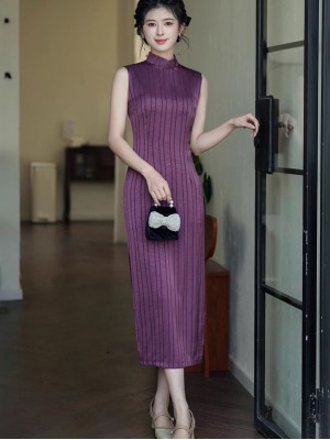 Purple Stripe Sleeveless Cheongsam Qipao Dress