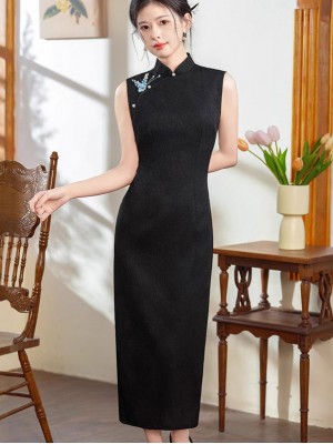 Black Jacquard Embroidered Cheongsam Qipao Dress