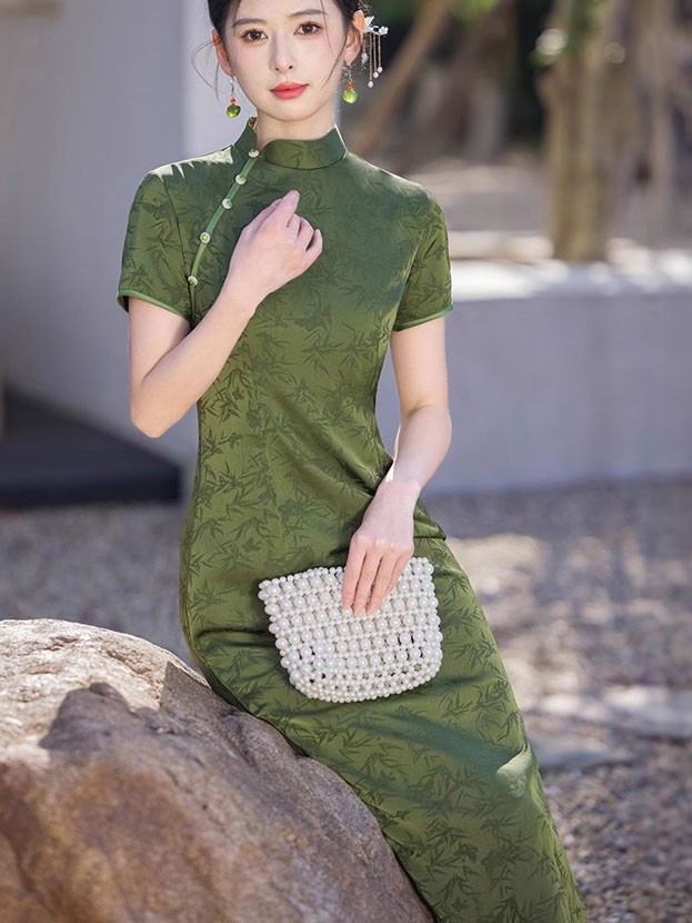 2025 Bamboo Print Cheongsam Qipao Dress