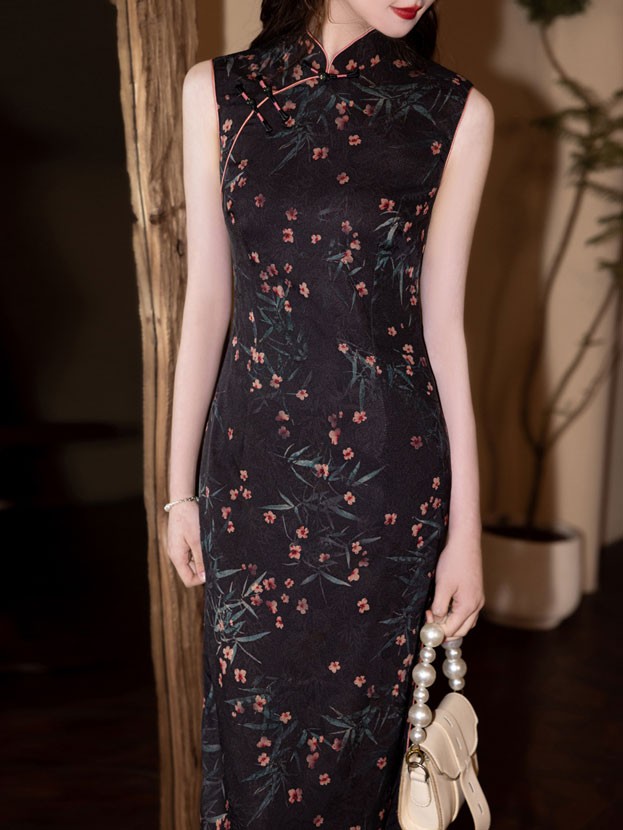 Black Floral Print Cheongsam Qipao Dress
