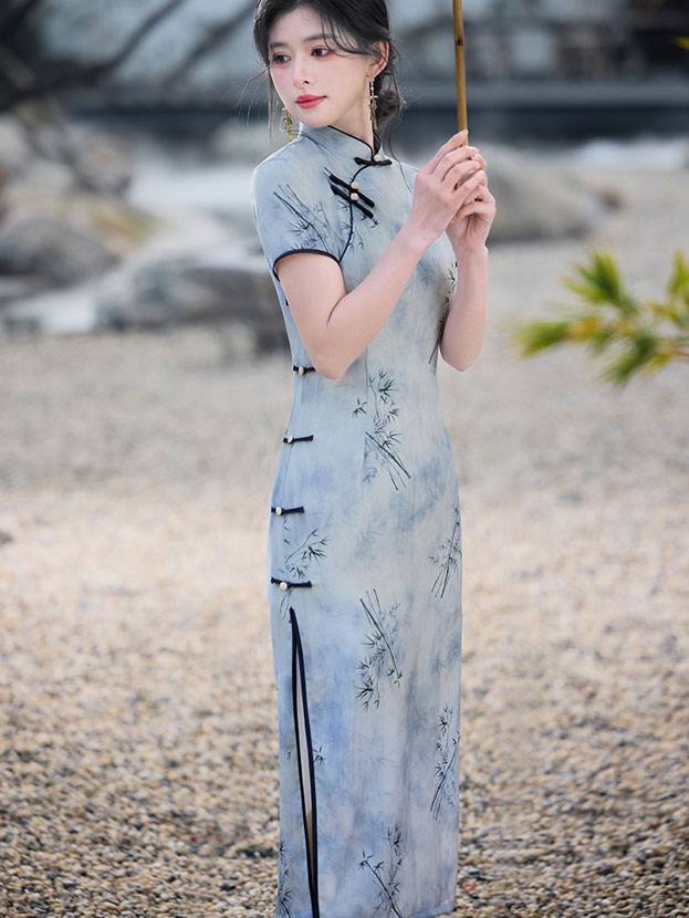 Gray Bamboo Print Cheongsam Qipao Dress