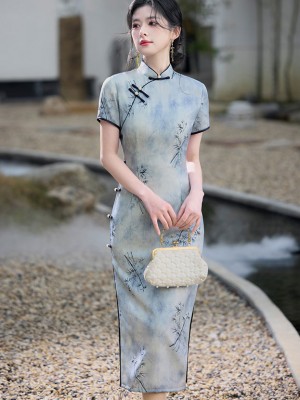 Gray Bamboo Print Cheongsam Qipao Dress