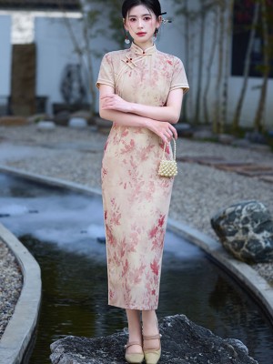 Pink Floral Print Cheongsam Qipao Dress