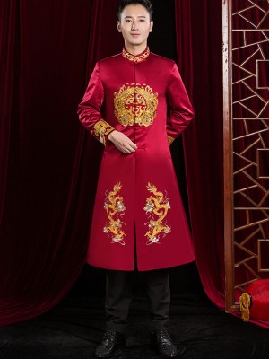Wine Red Embroidered Dragon Chinese Men's Wedding Magua Jacket